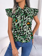 Leopard Tie Neck Cap Sleeve Blouse Trendsi