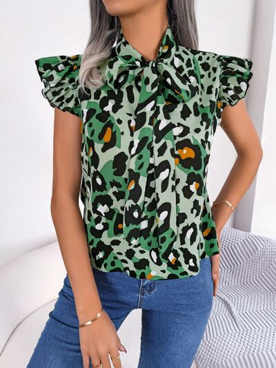 Leopard Tie Neck Cap Sleeve Blouse Trendsi