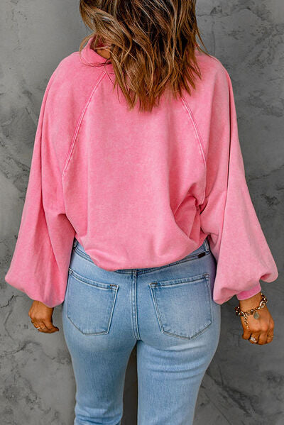 Sequin Flower Half Snap Lantern Sleeve Sweatshirt Trendsi