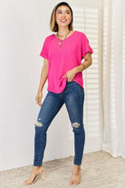 Zenana V-Neck Rolled Short Sleeve T-Shirt Trendsi