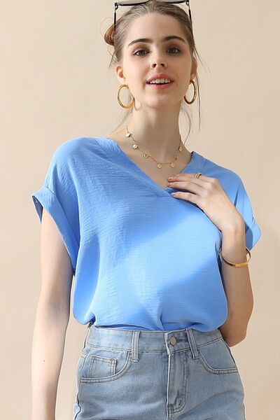 Ninexis V-Neck Trim Rolled Short Sleeve Shirt Trendsi