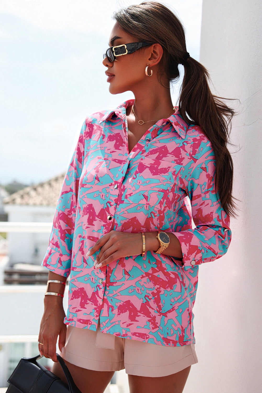 Printed Button Up Long Sleeve Shirt Trendsi