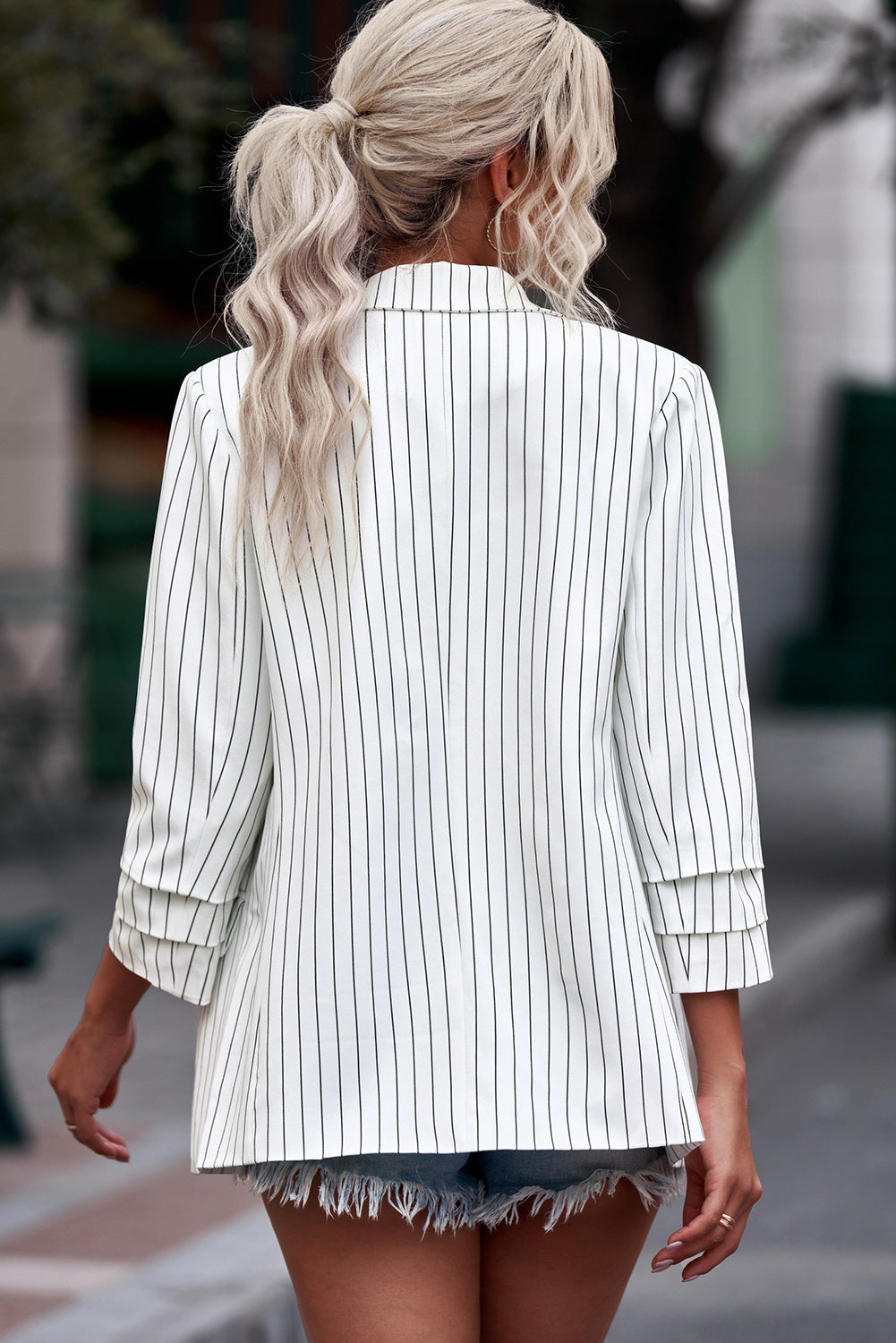 Chic and Classy Striped Double-Breasted Long Sleeve Blazer