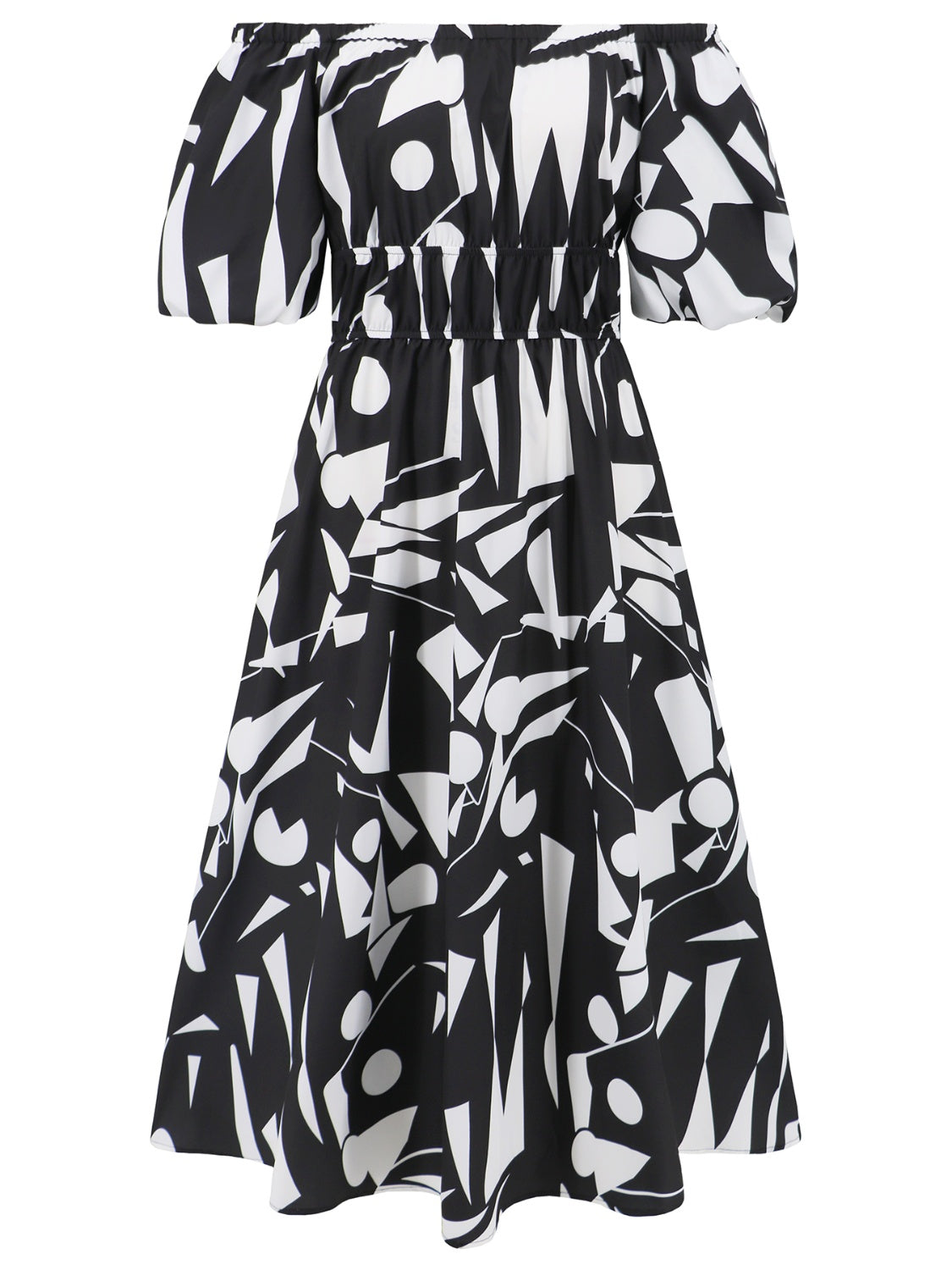 Printed Off-Shoulder Balloon Sleeve Dress Trendsi