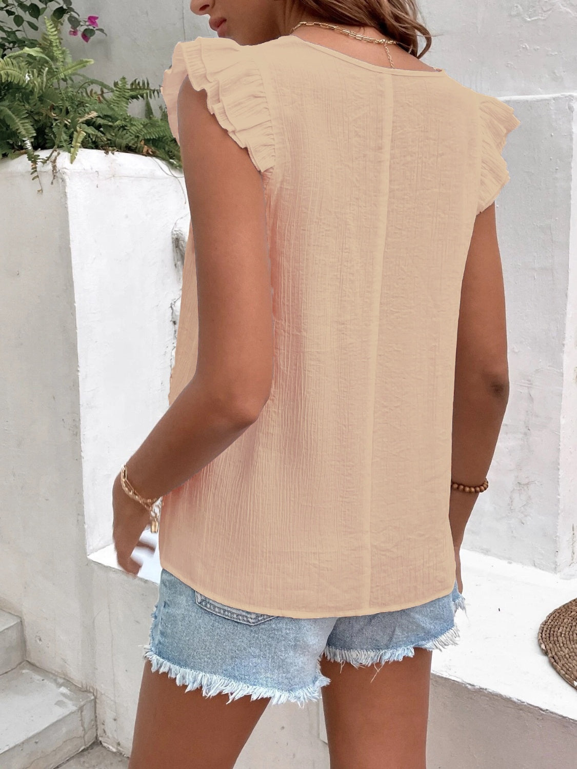 Ruffled V-Neck Cap Sleeve Blouse Trendsi