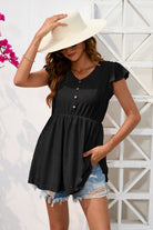 Decorative Button V-Neck Cap Sleeve Blouse Trendsi