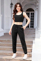 Waffle-Knit Cropped Tank and Drawstring Pants Set Trendsi