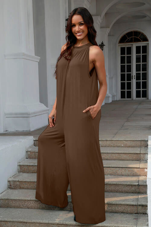Double Take Full Size Tie Back Cutout Sleeveless Jumpsuit Trendsi