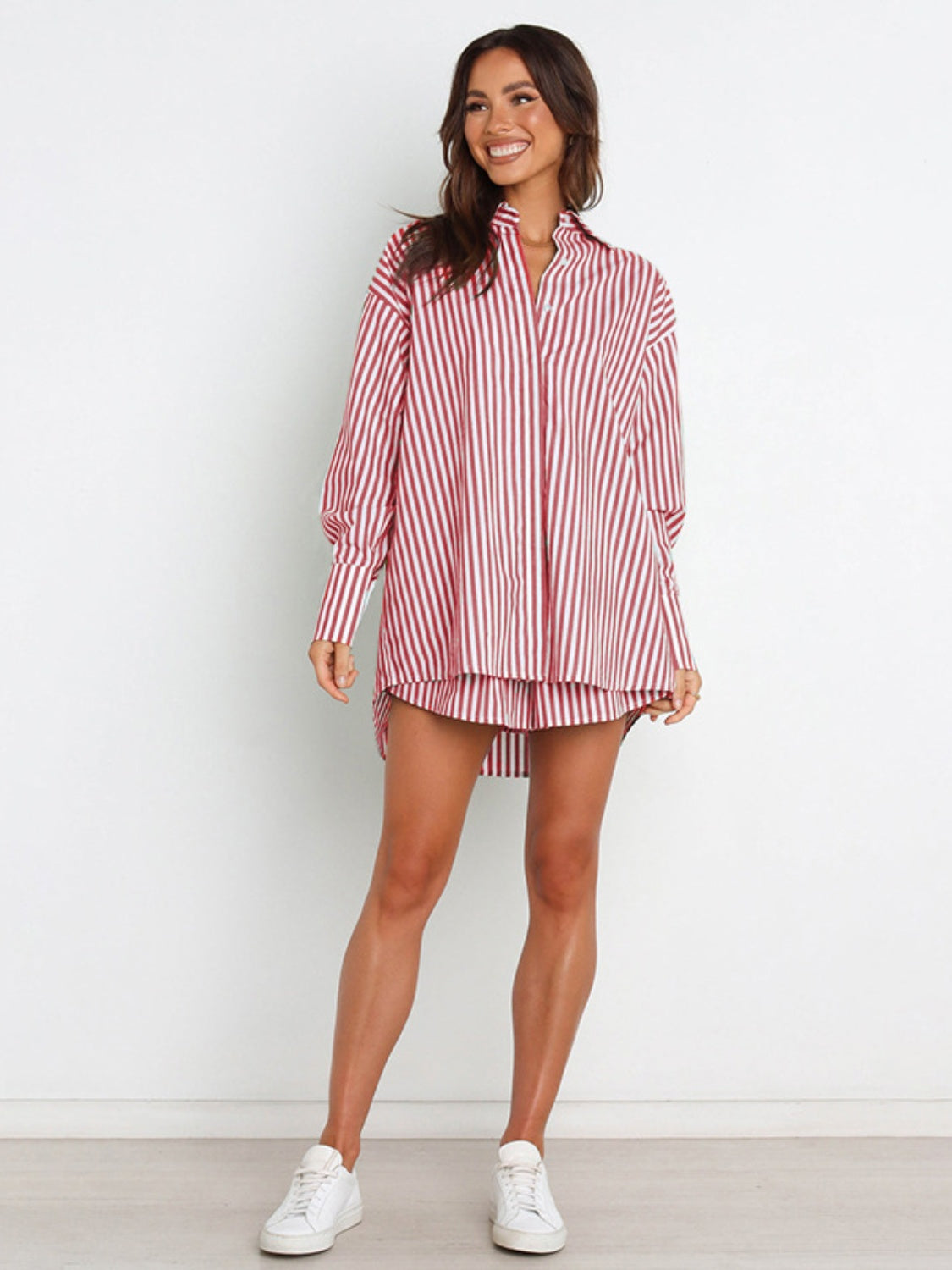 Striped Dropped Shoulder Shirt and Shorts Set Trendsi