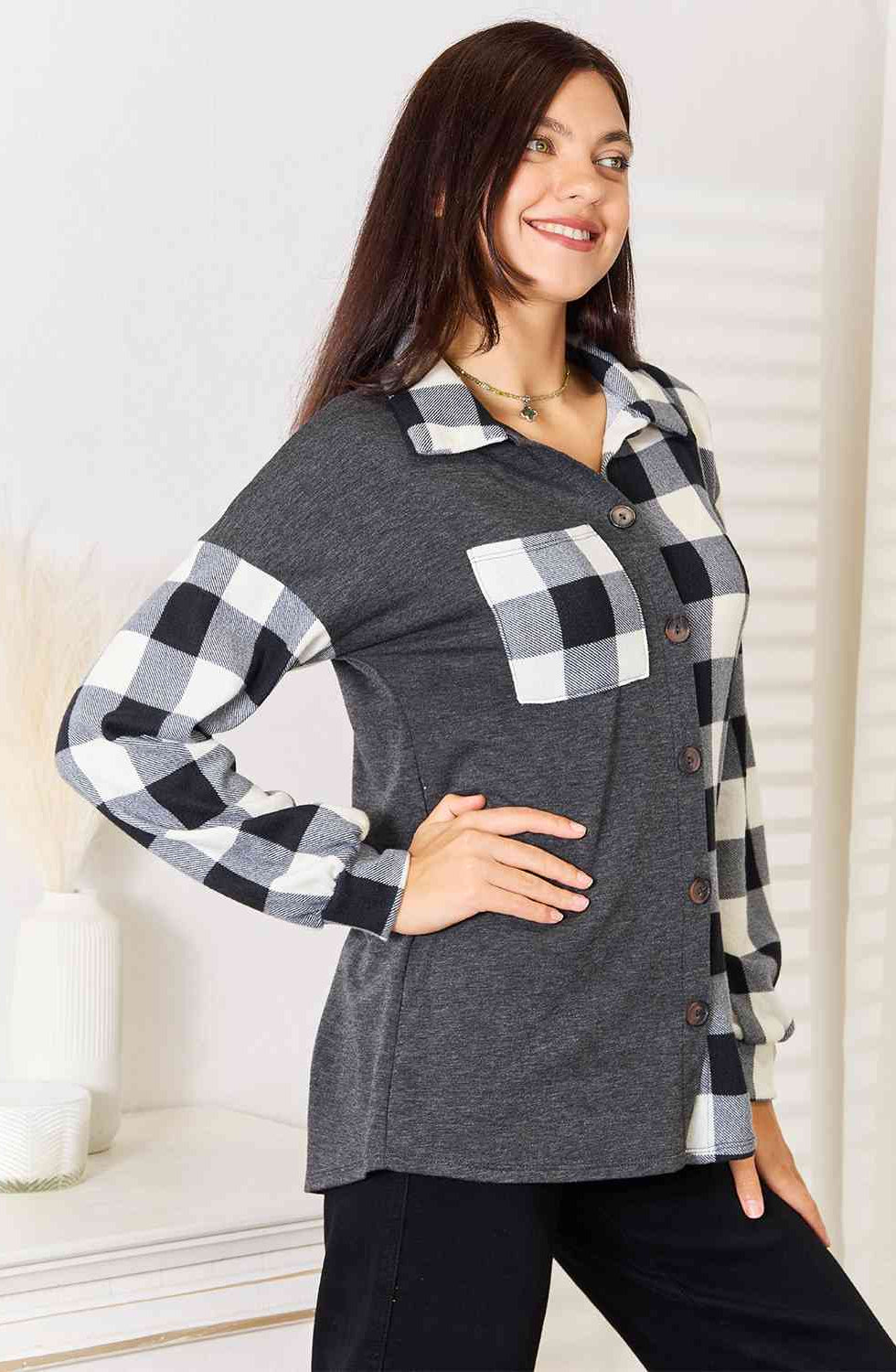 Heimish Solid Plaid Contrast Shacket Heimish