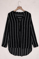 Striped Notched Long Sleeve Shirt Trendsi