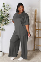 Double Take Full Size Round Neck Slit Top and Pants Set Trendsi