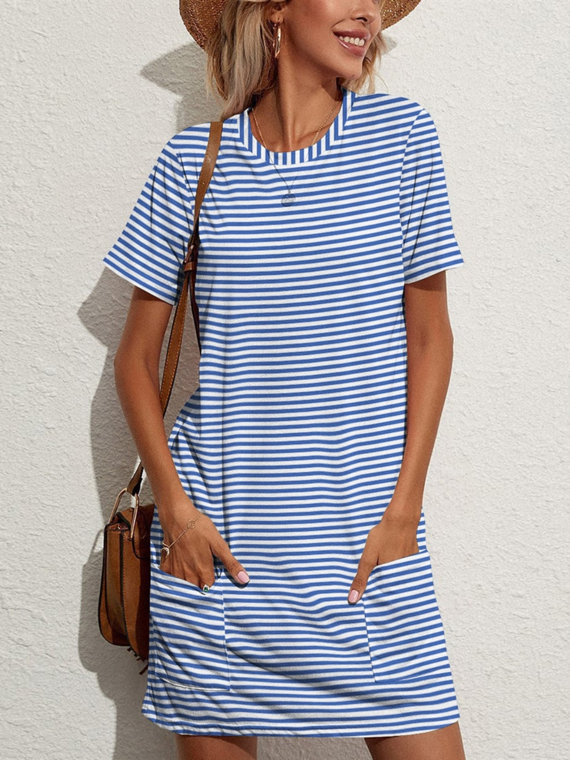 Pocketed Striped Round Neck Short Sleeve Dress Trendsi