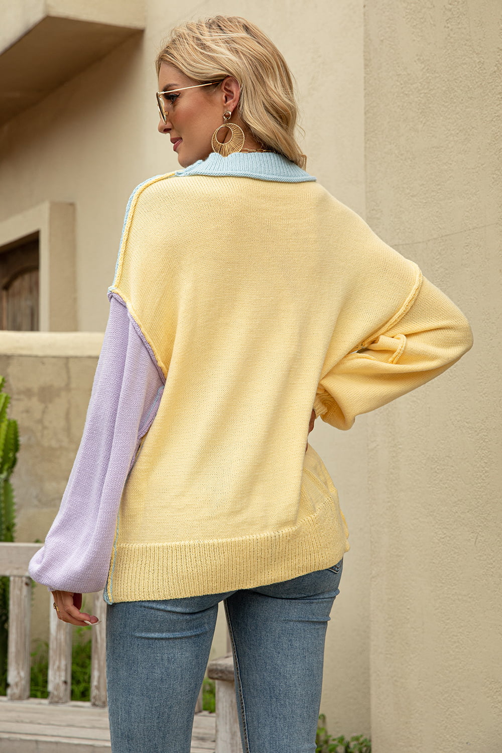 Color Block Round Neck Dropped Shoulder Sweater Trendsi