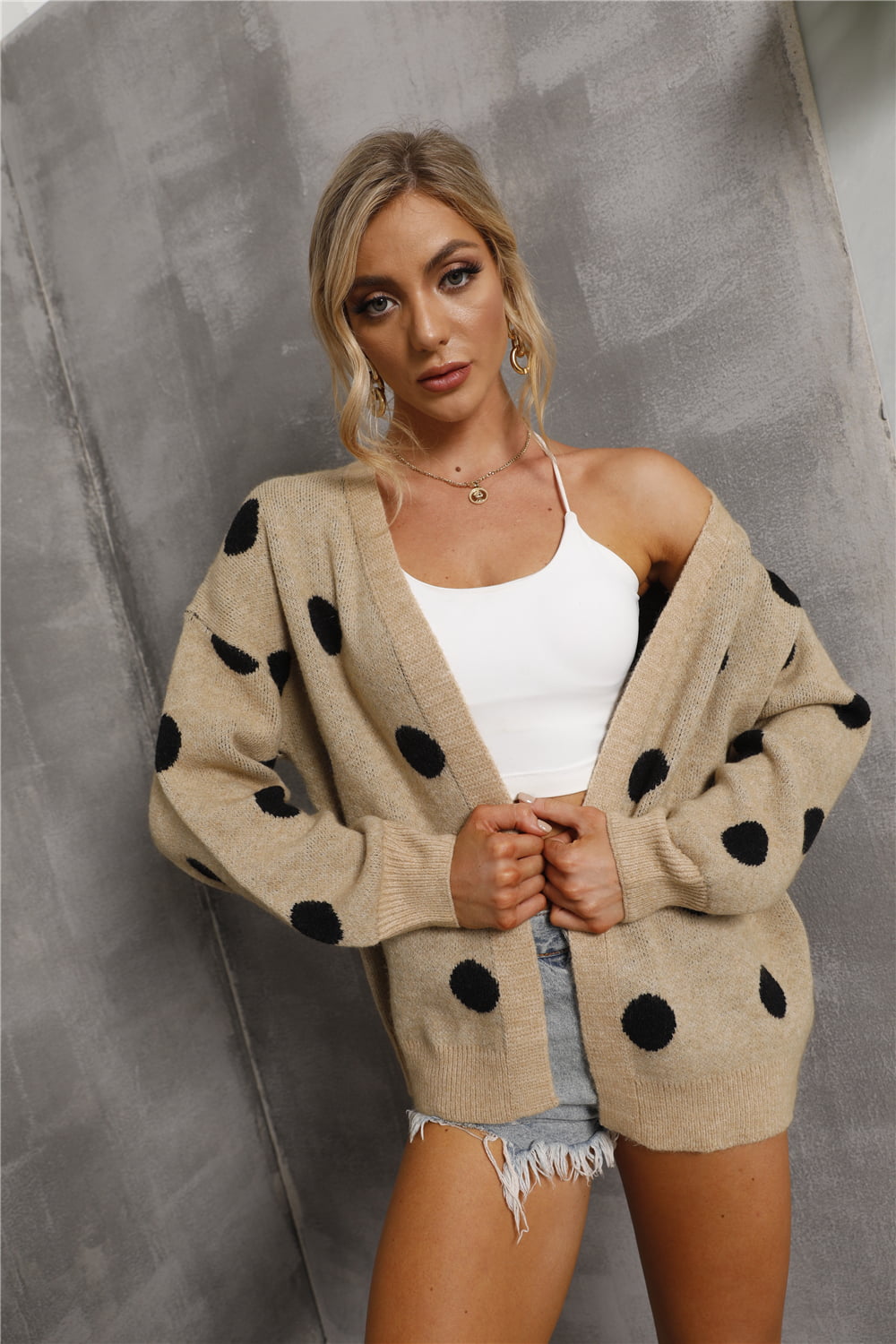 Dropped Shoulder Polka Dot Cardigan Trendsi