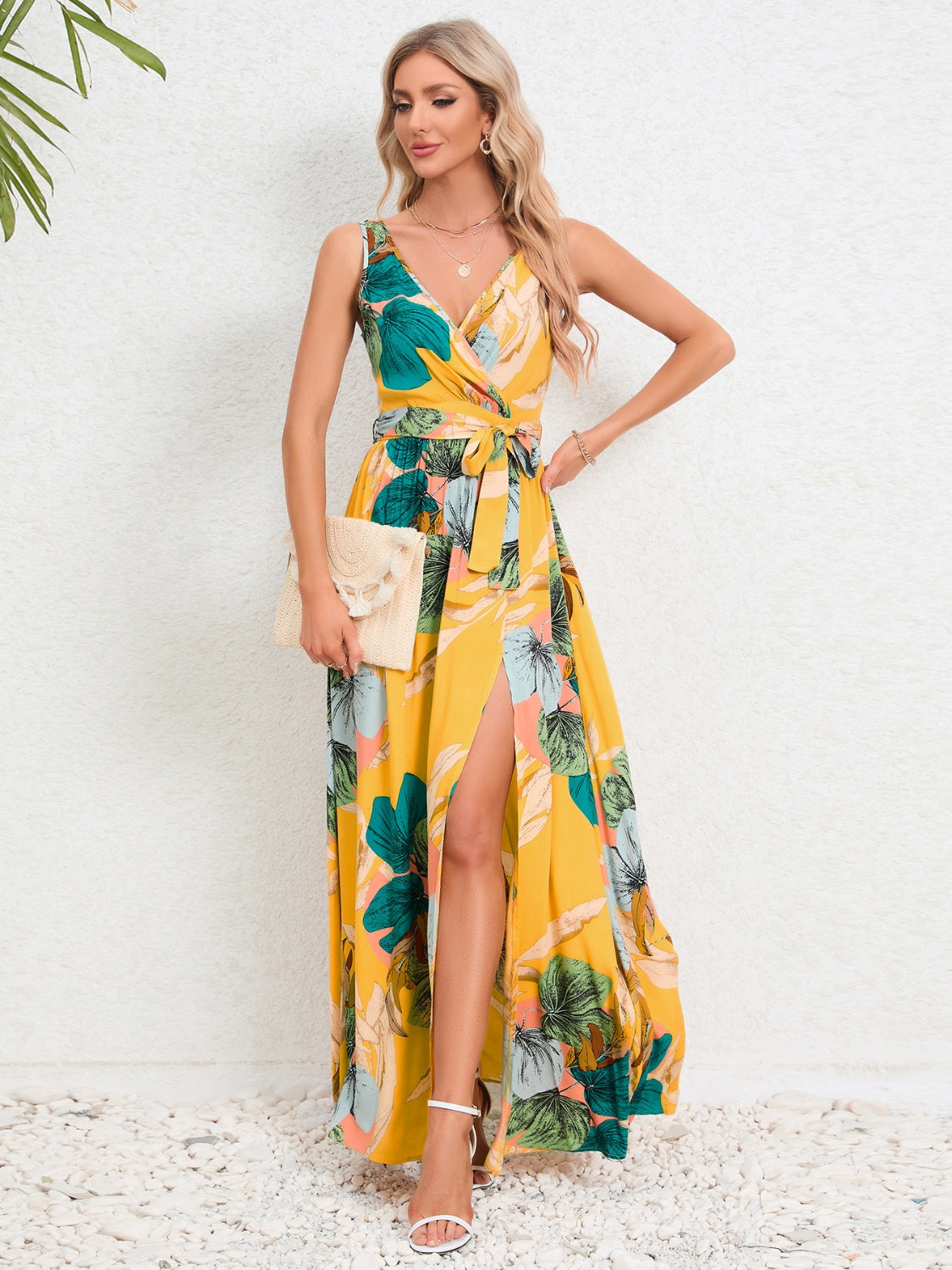 Slit Tied Printed Surplice Dress Trendsi