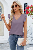 Ruffled V-Neck Cap Sleeve Blouse Trendsi