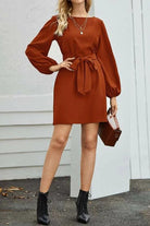 Tied Boat Neck Balloon Sleeve Mini Dress Trendsi