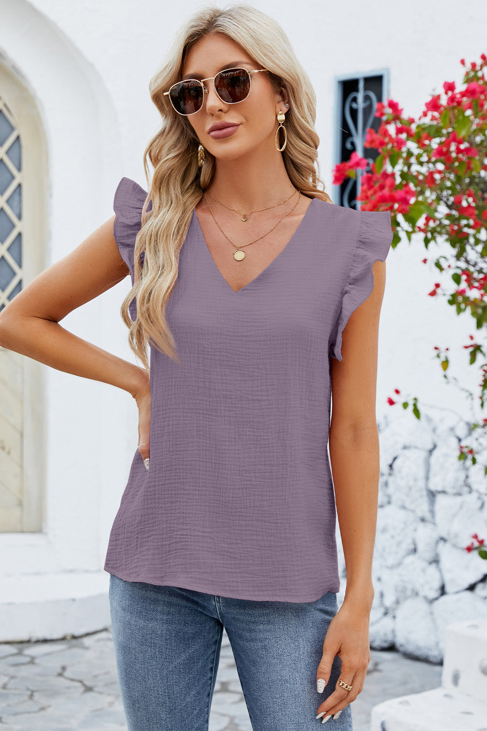 Ruffled V-Neck Cap Sleeve Blouse Trendsi