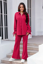 Drawstring Flounce Sleeve Shirt and Pants Set Trendsi