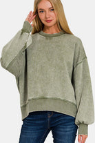Zenana Round Neck Dropped Shoulder Lantern Sleeve Sweatshirt Trendsi