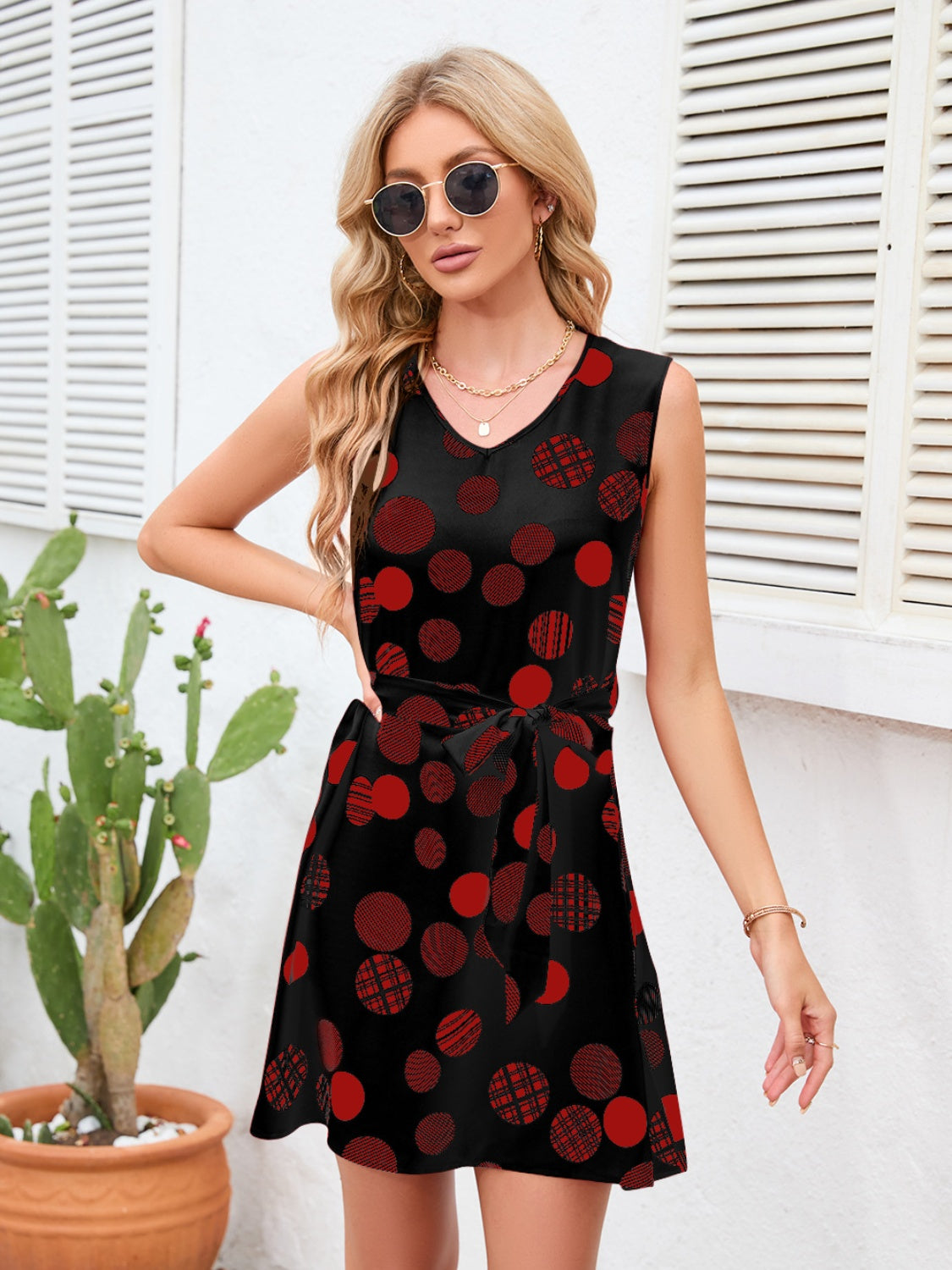 Tied Polka Dot V-Neck Dress Trendsi