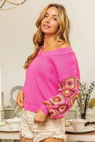 BiBi V-Neck Crochet Long Sleeve Sweater Trendsi