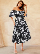 Printed Off-Shoulder Balloon Sleeve Dress Trendsi