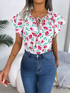 Floral Tie Neck Flutter Sleeve Blouse Trendsi