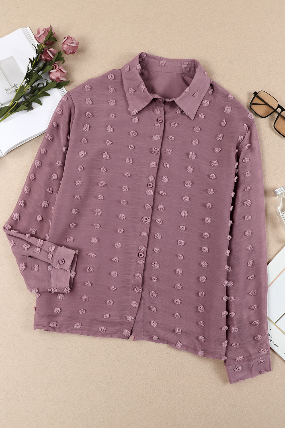 Swiss Dot Button Up Long Sleeve Shirt Trendsi