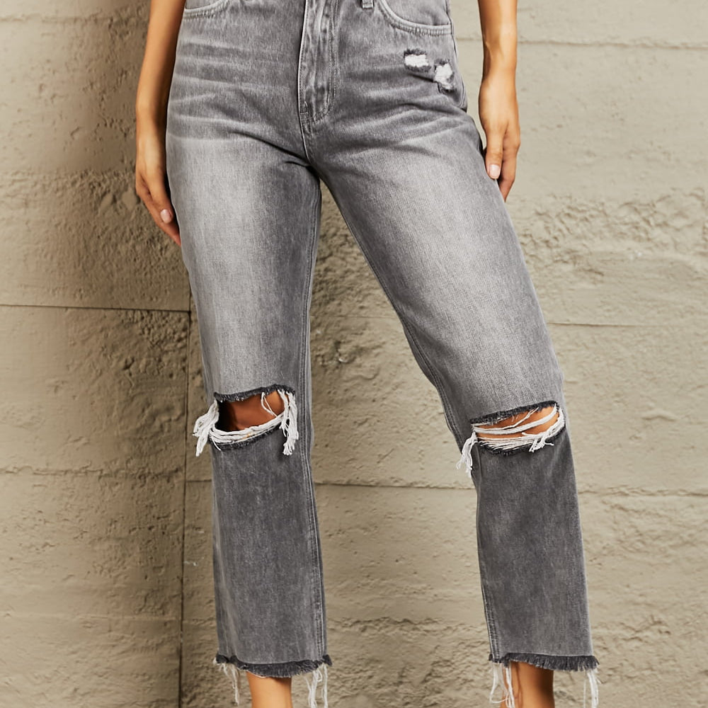 BAYEAS Stone Wash Distressed Cropped Straight Jeans Trendsi