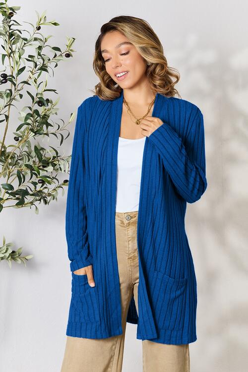 Basic Bae Full Size Ribbed Open Front Cardigan with Pockets Trendsi