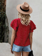 Ruffled Polka Dot Round Neck Short Sleeve Blouse Trendsi