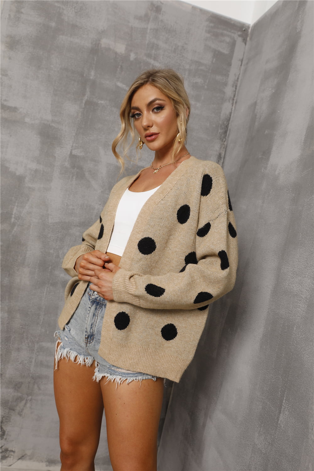 Dropped Shoulder Polka Dot Cardigan Trendsi