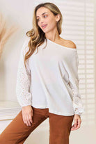 Double Take Eyelet Dropped Shoulder Round Neck Blouse Trendsi