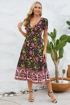 Printed Surplice Short Sleeve Dress Trendsi