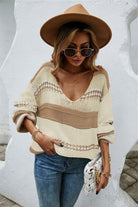 Color Block V-Neck Dropped Shoulder Sweater Trendsi