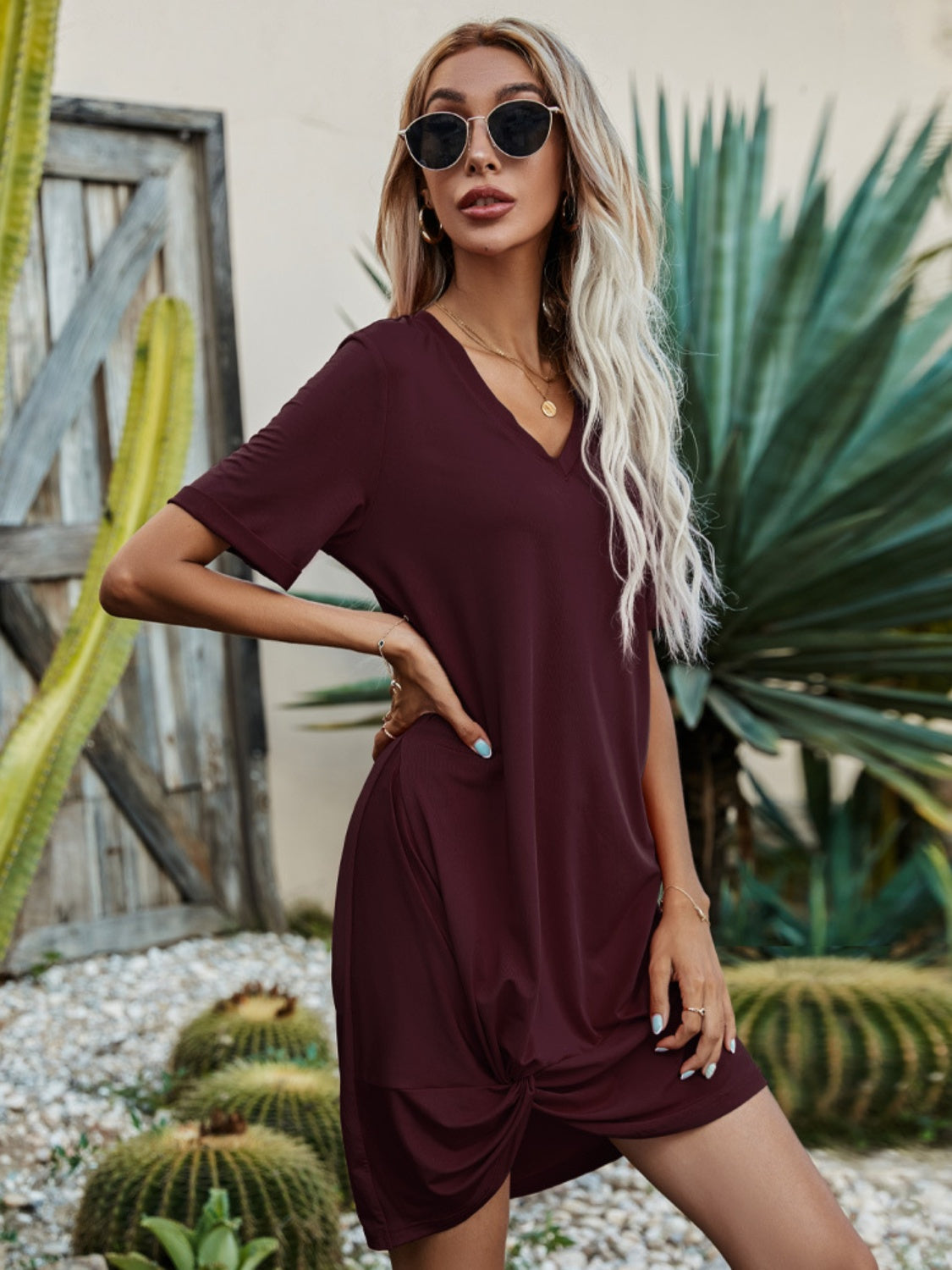 V-Neck Short Sleeve Mini Dress Trendsi