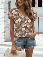 Floral V-Neck Cap Sleeve T-Shirt Trendsi