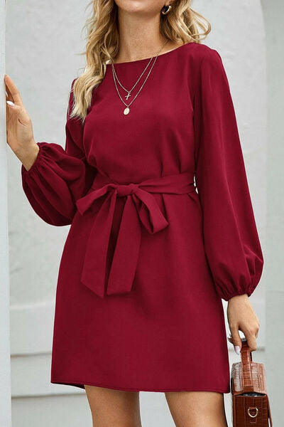 Tied Boat Neck Balloon Sleeve Mini Dress Trendsi