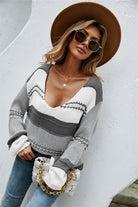 Color Block V-Neck Dropped Shoulder Sweater Trendsi