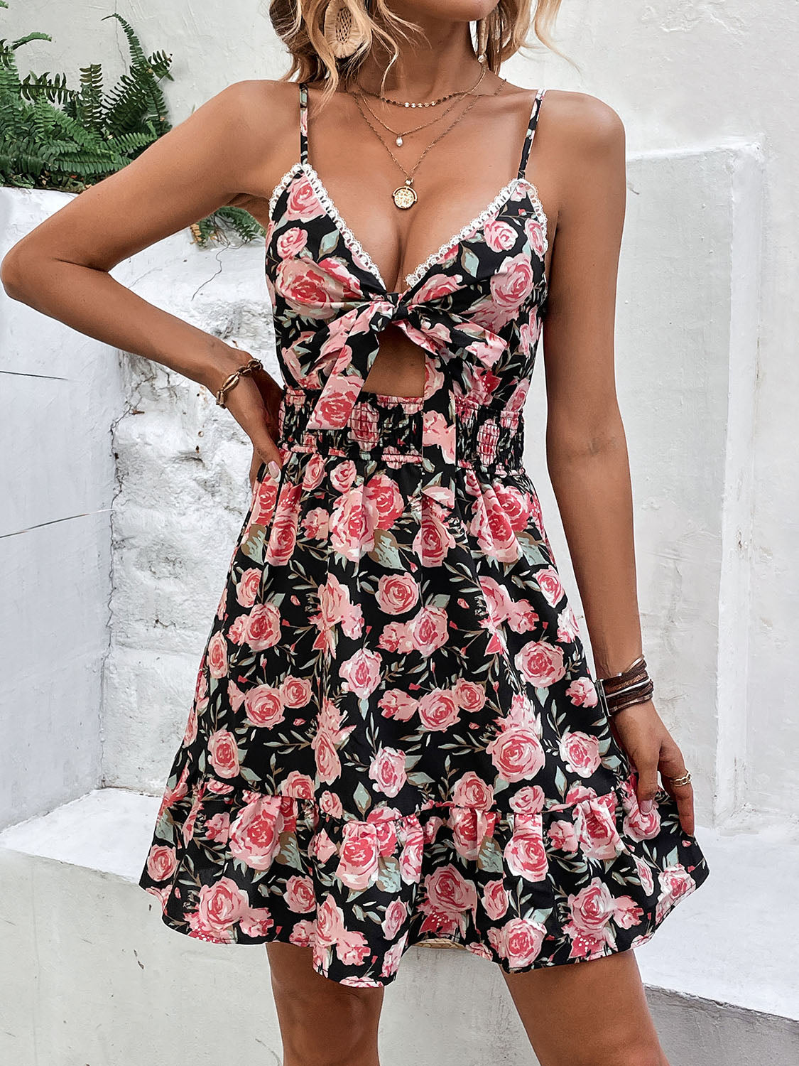 Tied Rose Print Spaghetti Strap Dress Trendsi