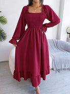 Smocked Square Neck Flounce Sleeve Dress Trendsi