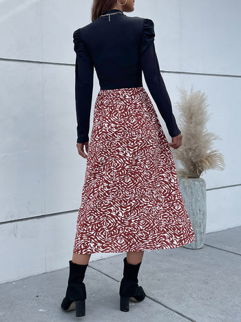 Printed Mock Neck Puff Sleeve Midi Dress Trendsi