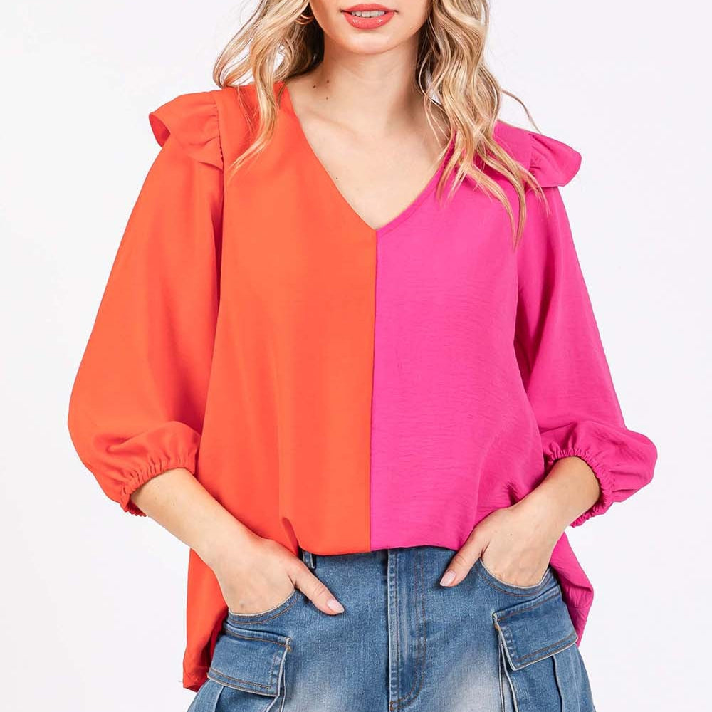 GeeGee Full Size Ruffle Trim Contrast Blouse Trendsi