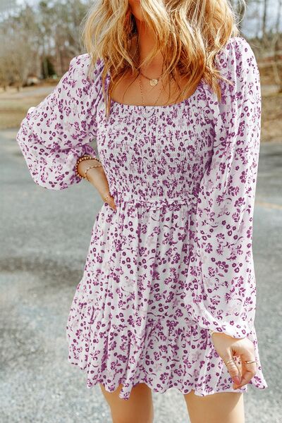 Smocked Floral Square Neck Balloon Sleeve Dress Trendsi