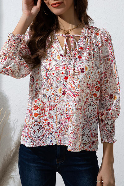 Printed Tie Neck Long Sleeve Blouse Trendsi