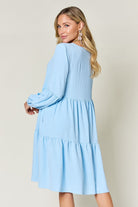 Double Take Full Size V-Neck Balloon Sleeve Tiered Dress Trendsi