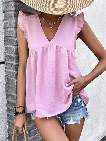 Ruffled V-Neck Cap Sleeve Blouse Trendsi