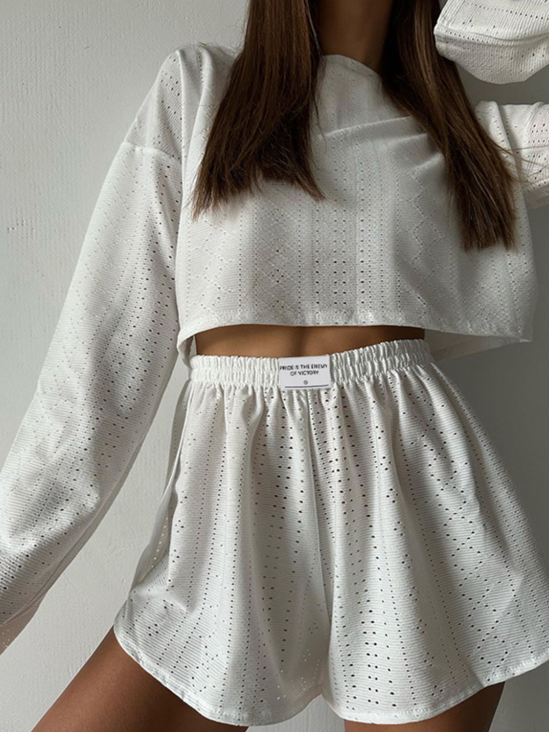 Eyelet Round Neck Top and Shorts Set Trendsi